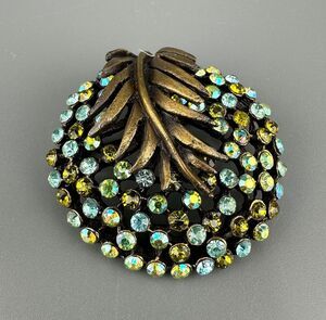Vintage AB Rhinestone Leaf Brooch Antiqued Gold Tone Blue Green Stones Signed